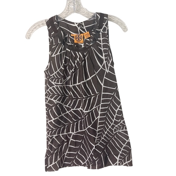 Tory Burch Coconut Jungle Leaf Print Brown and White Sleeveless Top EUC Resort - Picture 1 of 4